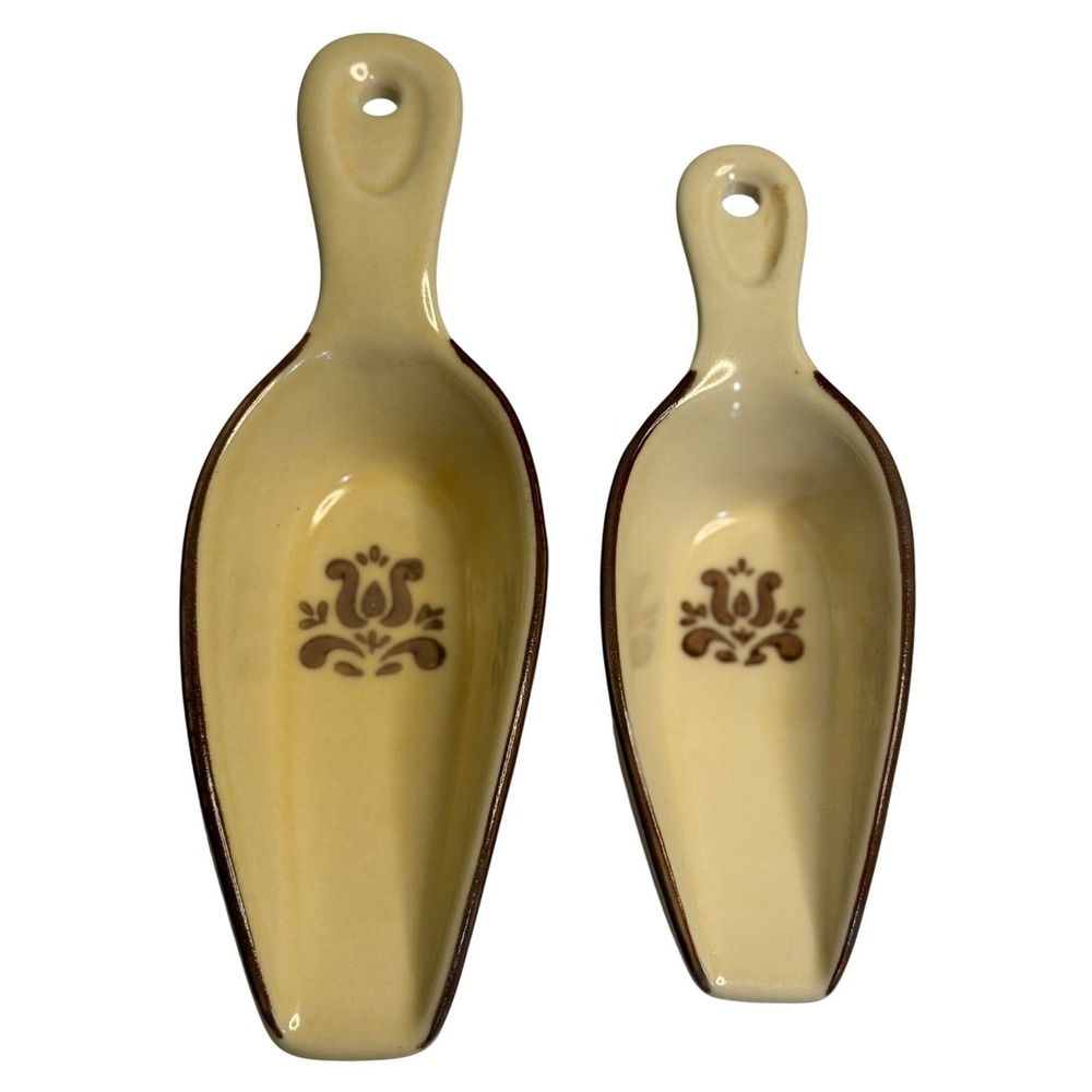 VTG Pfaltzgraff Village Ceramic Flour Sugar Scoops Tan Brown Farmhouse Set of 2